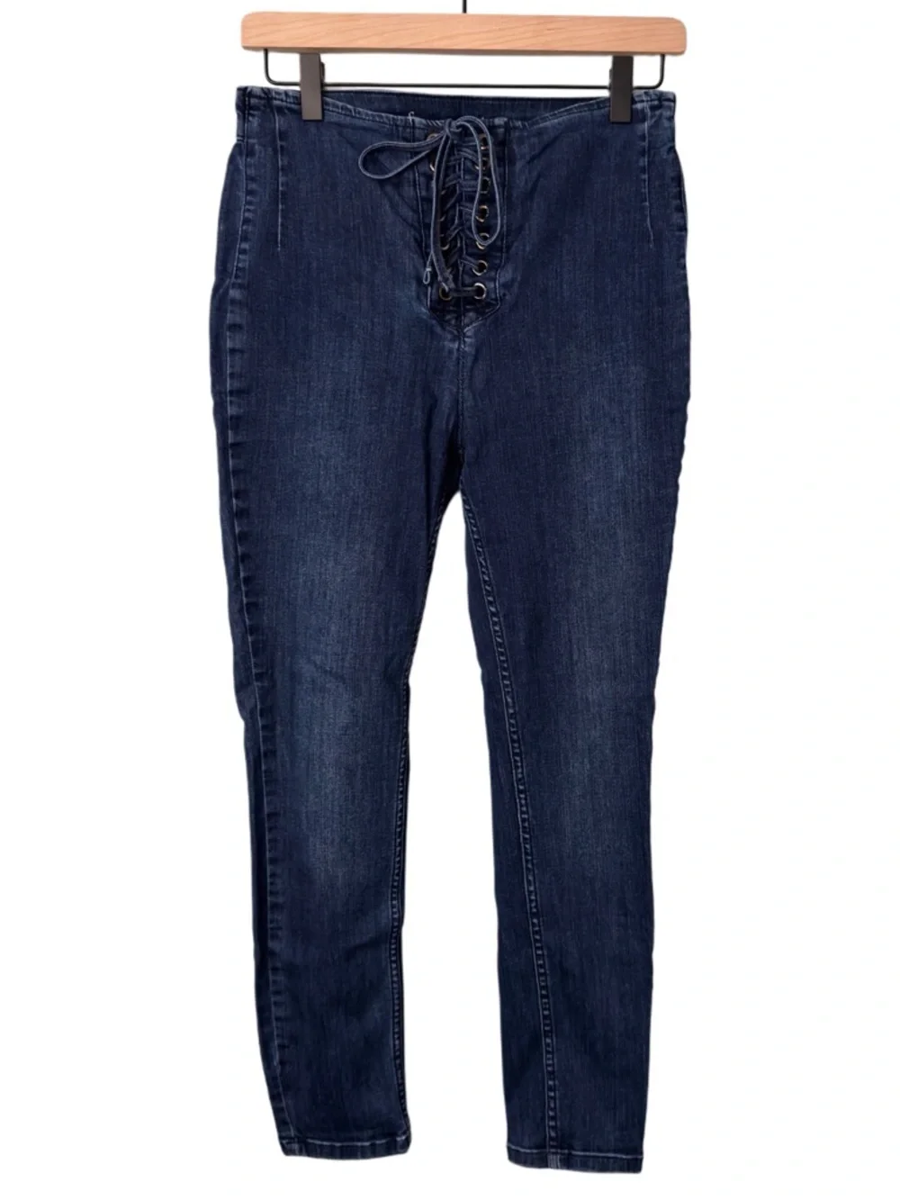 Free People Dark Wash Lace-Up High-Waist Stretch Skinny Jeans